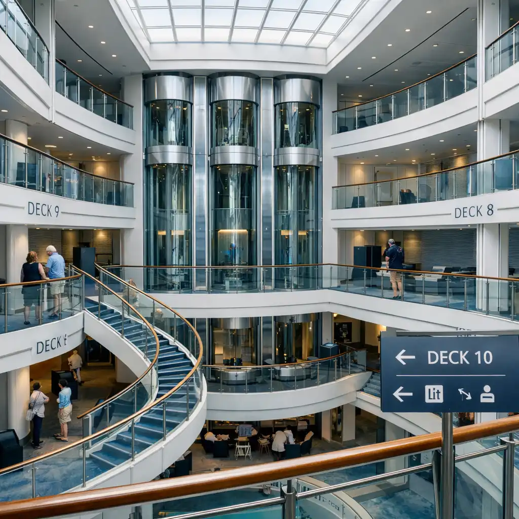 Atrium nowoczesnego statku wycieczkowego z galeriami, schodami i windami