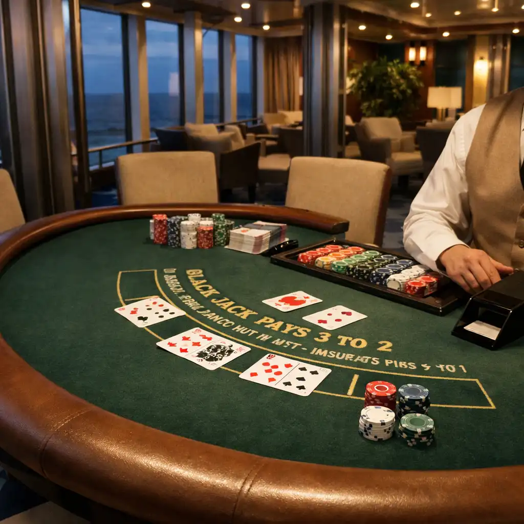 Półkolisty stół blackjacka z kartami i stanowiskiem osoby prowadzącej w kasynie na statku