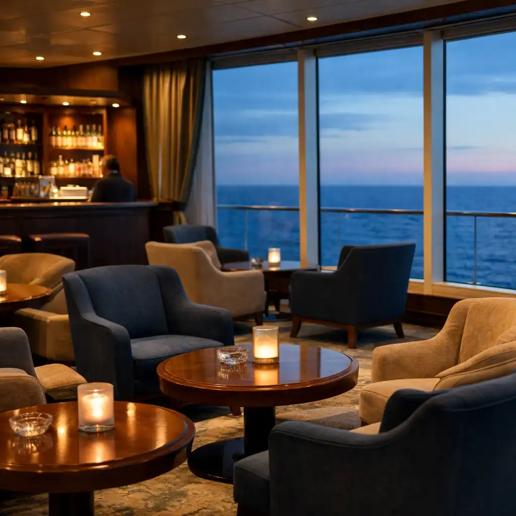 Spokojny casino lounge na statku z fotelami, niskimi stolikami i widokiem morza przez wysokie okna