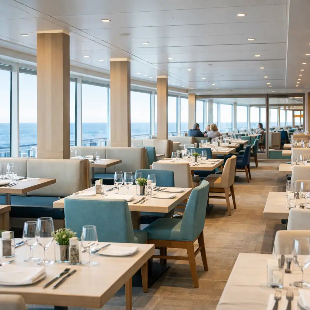Restauracja na statku wycieczkowym z nakrytymi stołami i widokiem na morze
