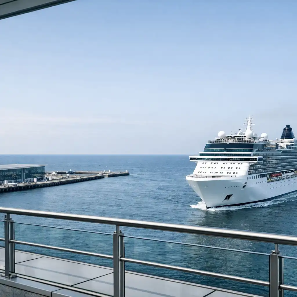 Współczesny statek wycieczkowy opuszczający terminal portowy na tle horyzontu