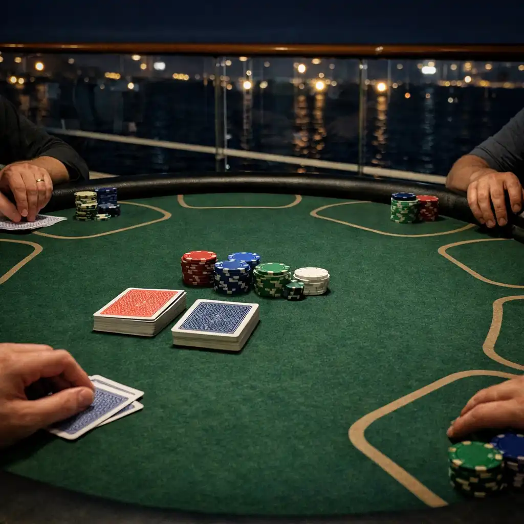 Zbliżenie na fizyczny stół pokerowy z kartami, żetonami i oznaczonymi miejscami graczy na statku