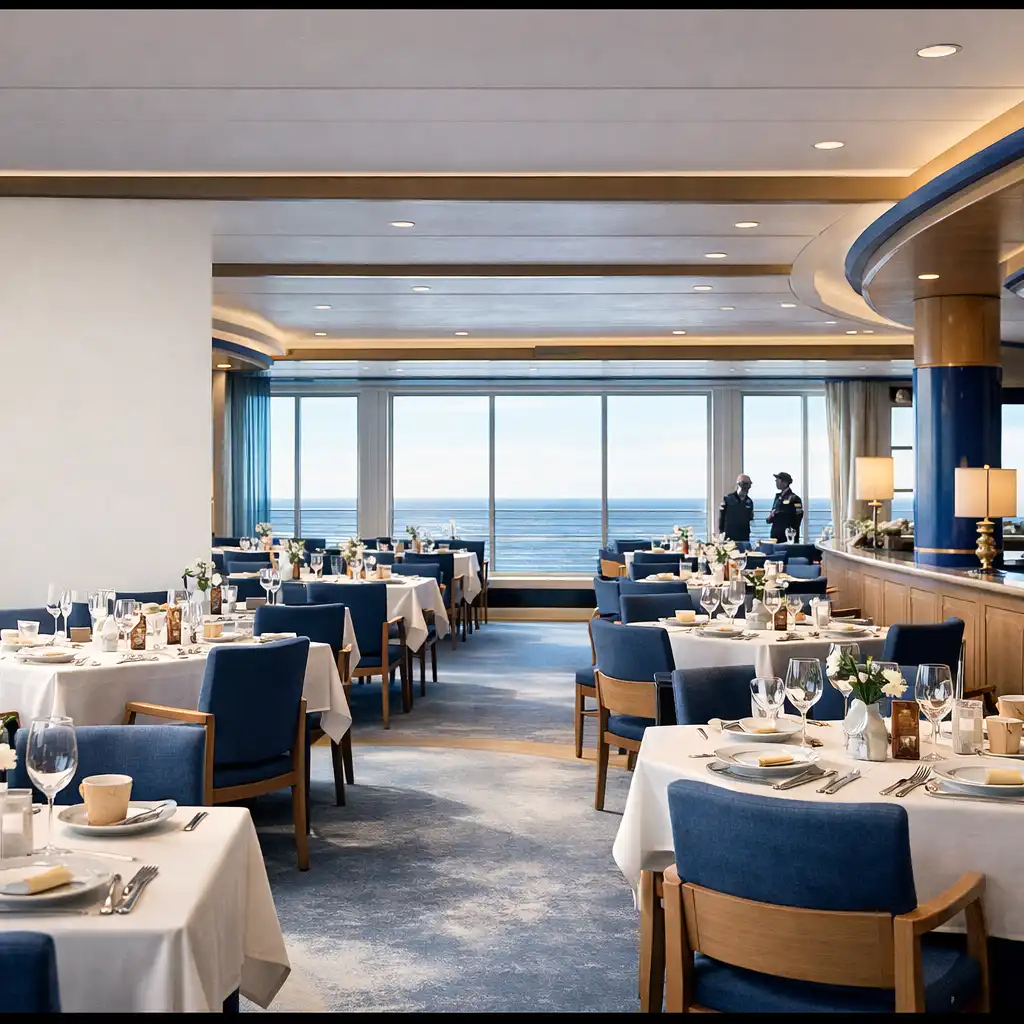 Restauracja na statku wycieczkowym z panoramicznymi oknami, nakrytymi stołami i widokiem na morze