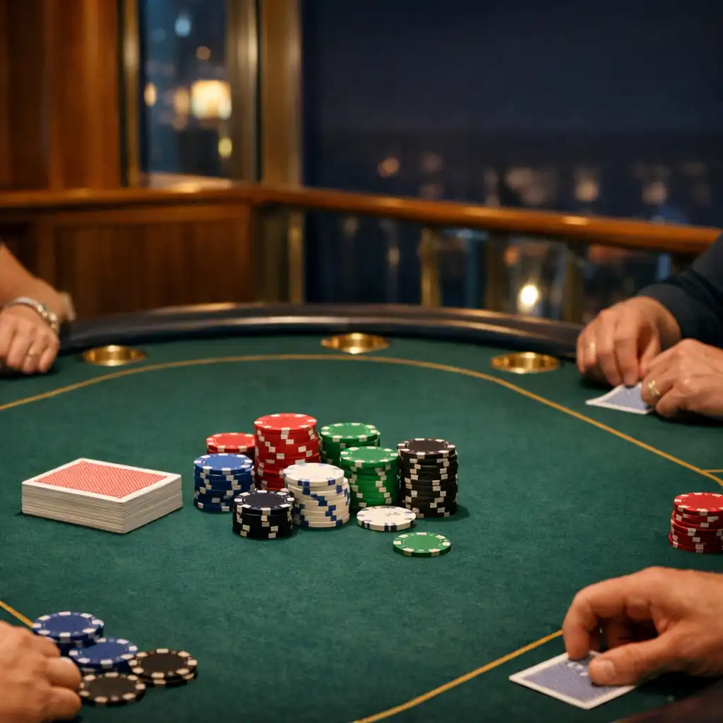 Fizyczny stół pokerowy na statku z kartami, żetonami i anonimowymi dłońmi przy krawędzi