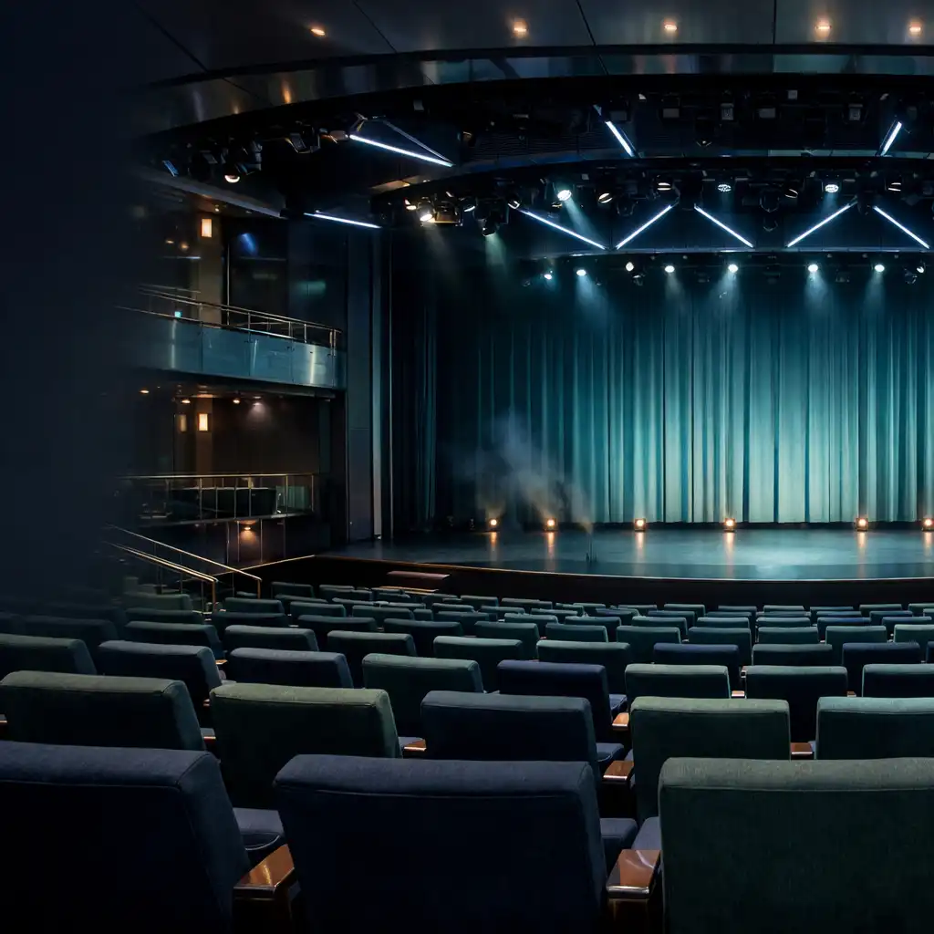 Widownia nowoczesnego teatru na statku wycieczkowym przed rozpoczęciem spektaklu